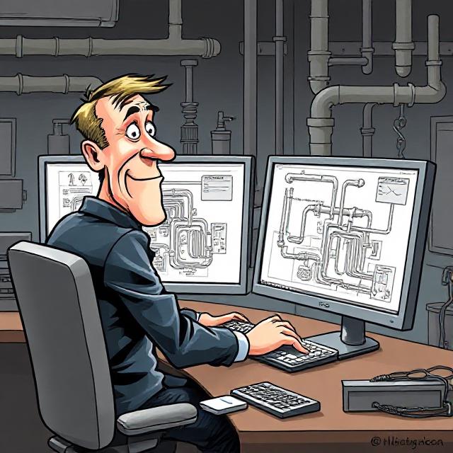 Cartoon drawing of a man working on a computer